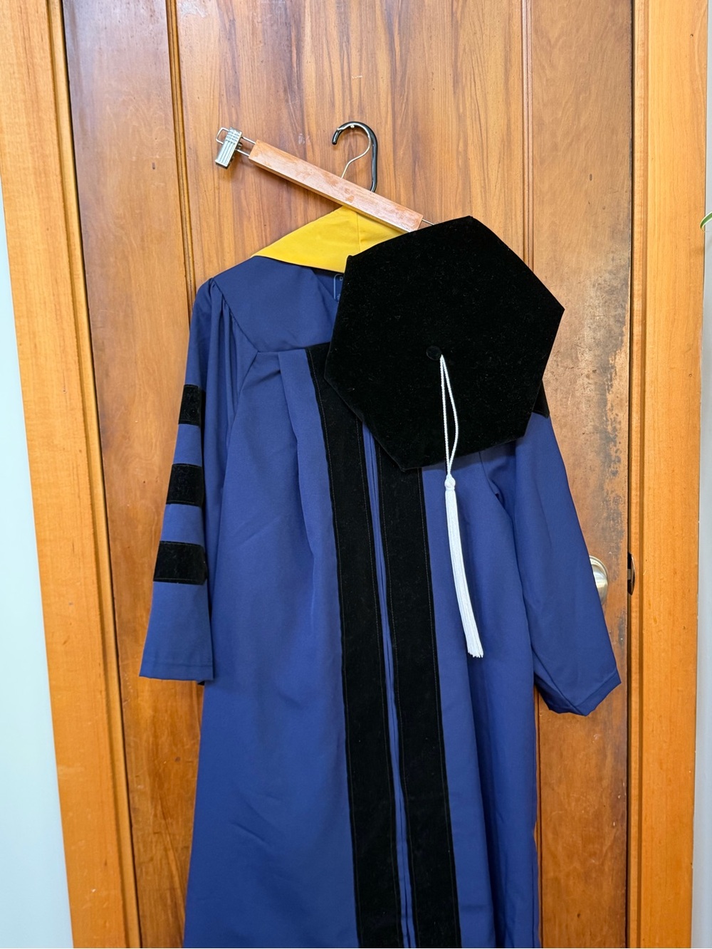 Doctorate Bright Blu Graduation Robe, Black Velvet Trim, Gold Hood, Hexagon Hat